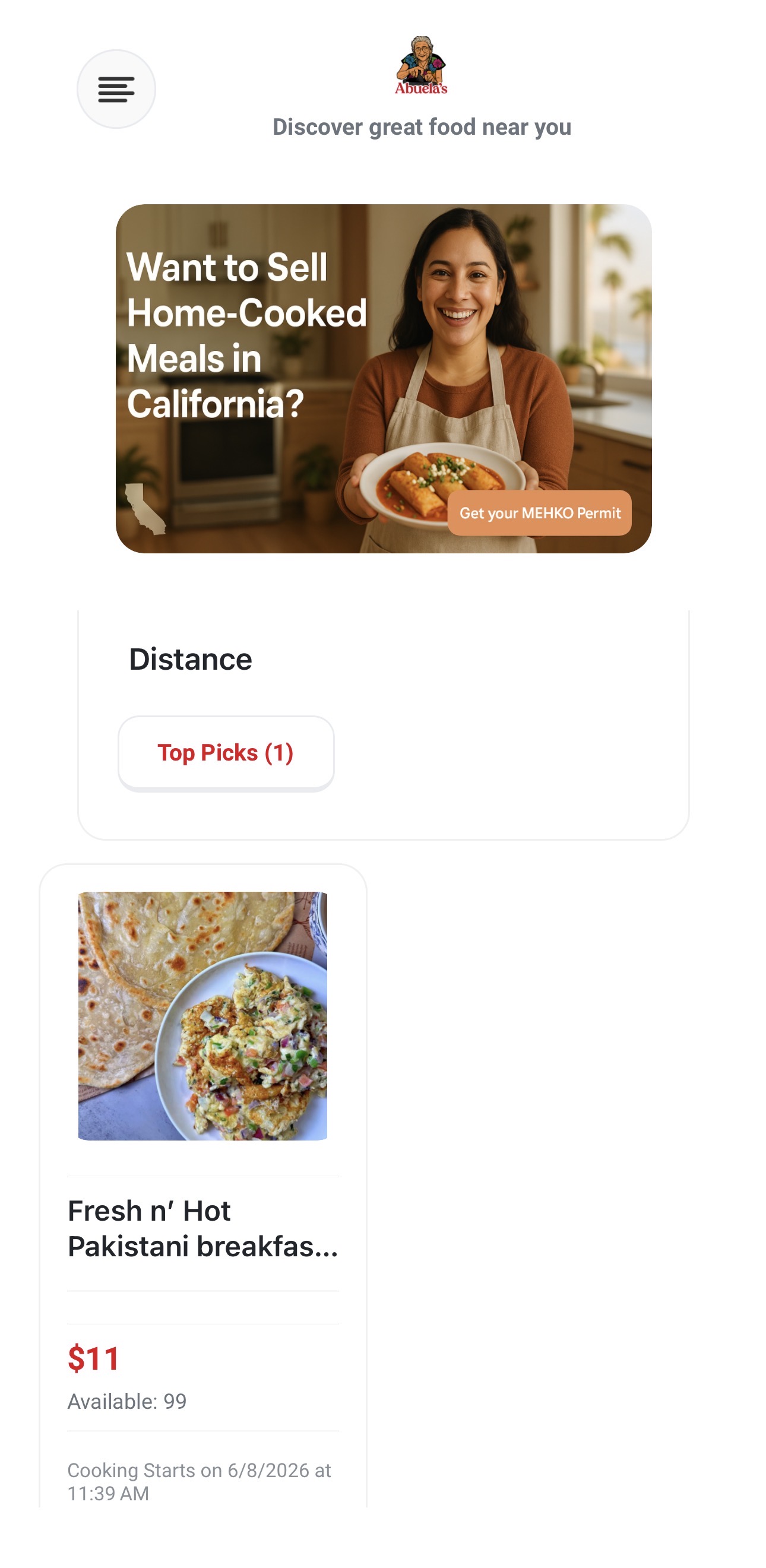 Abuela's app showing home-cooked meals from local chefs